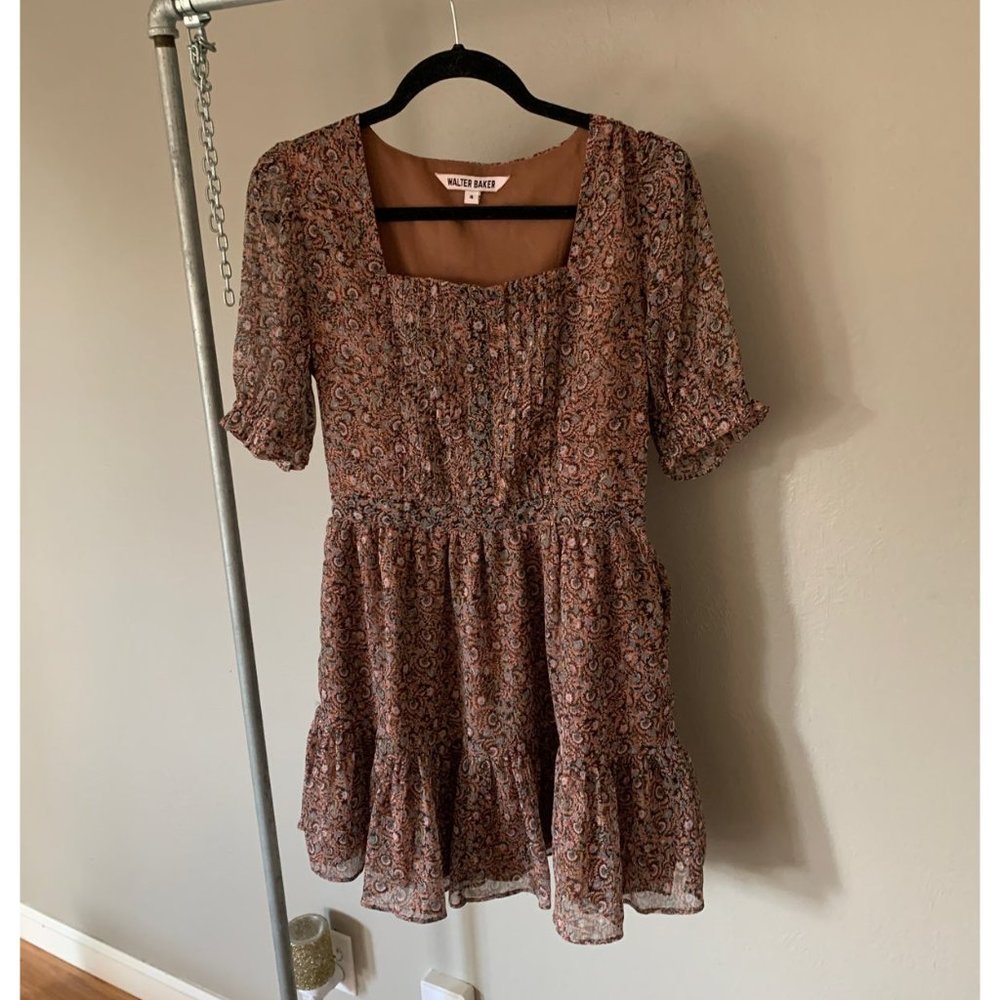 Walter Baker brown floral ruffle mini dress peasant square neck small AFALLON 4
